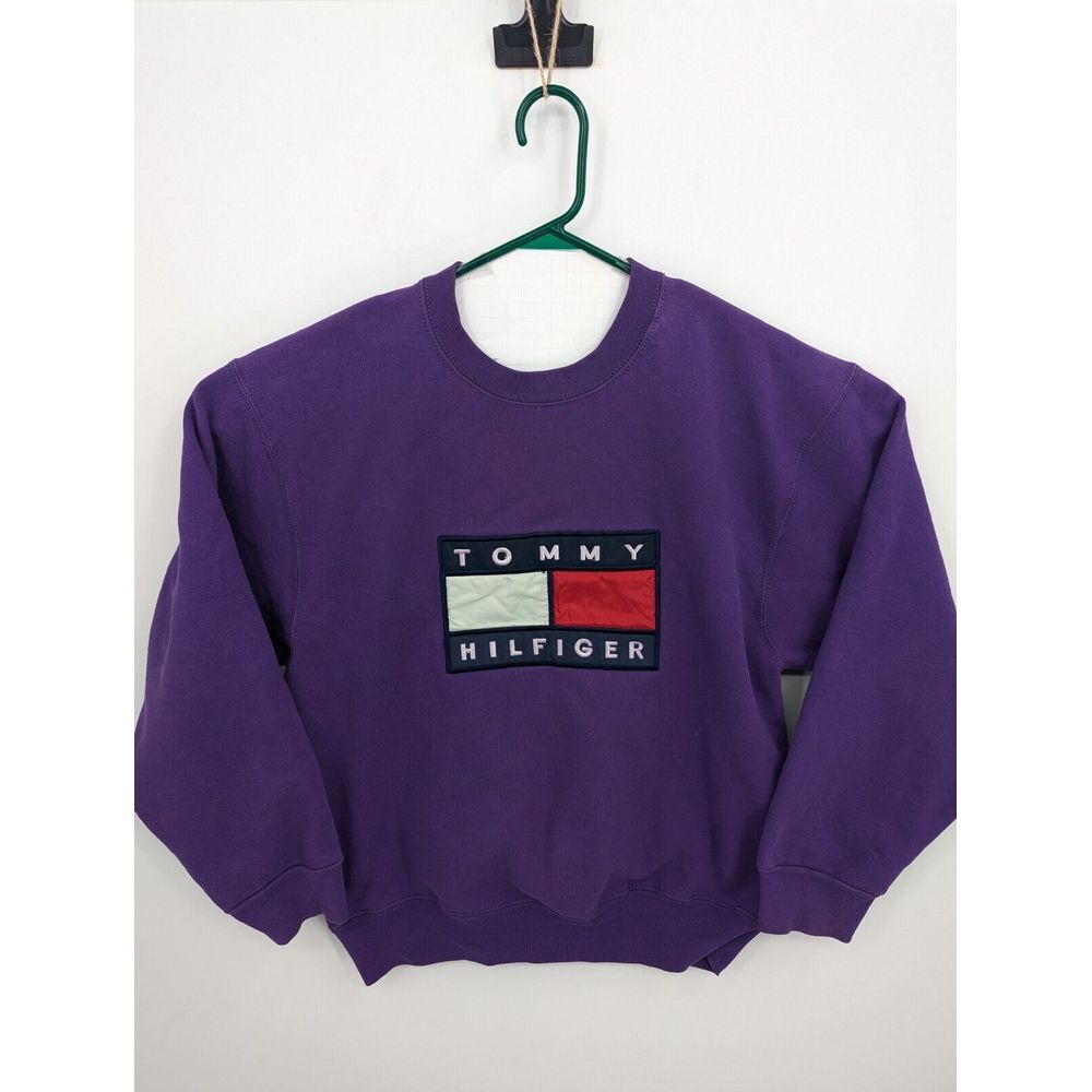 Tommy Hilfiger VTG Men's Purple Embroidered Logo Purple Crewneck Sweatshirt, M
